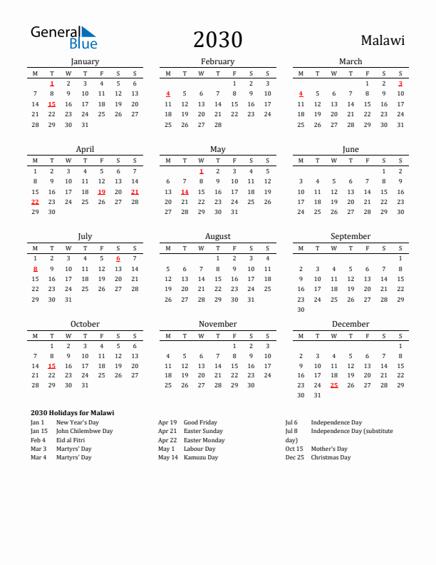 Malawi Holidays Calendar for 2030