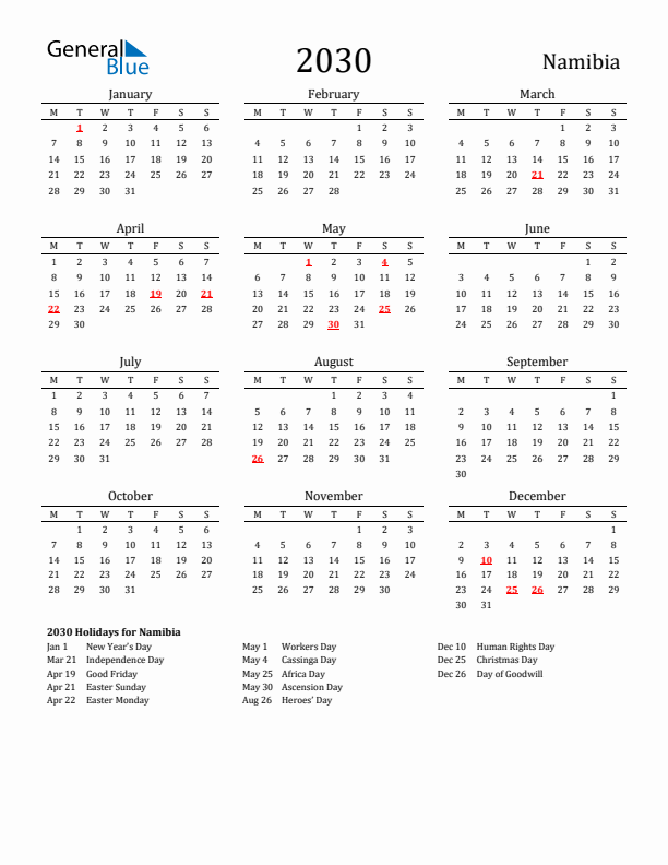 Namibia Holidays Calendar for 2030