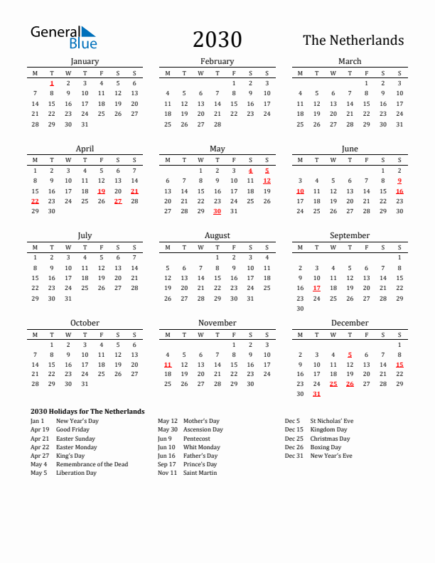 The Netherlands Holidays Calendar for 2030