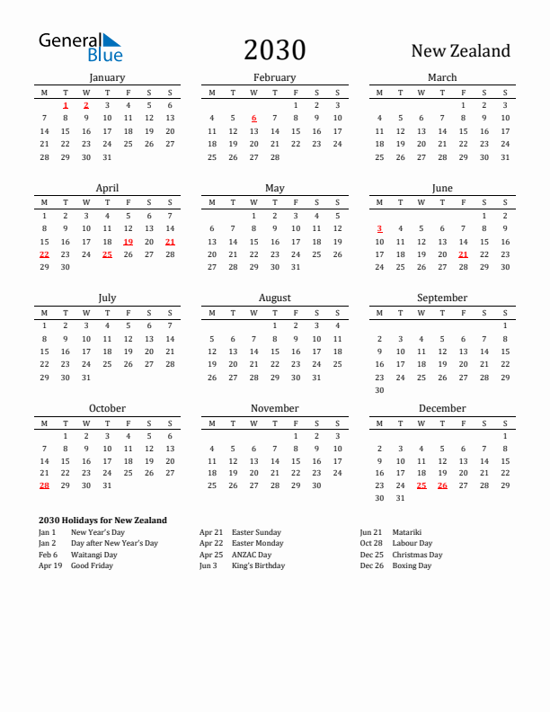 New Zealand Holidays Calendar for 2030