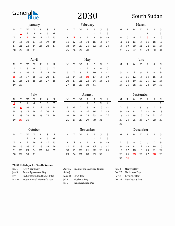 South Sudan Holidays Calendar for 2030