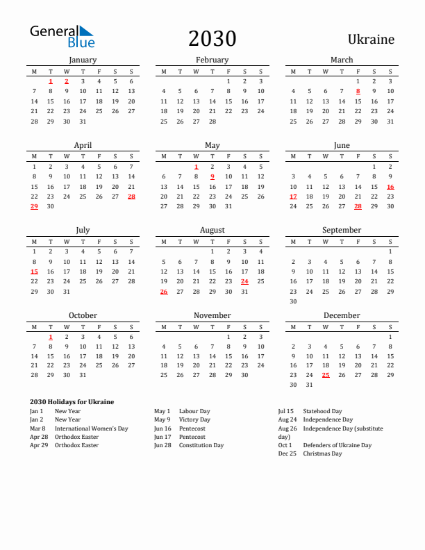 Ukraine Holidays Calendar for 2030