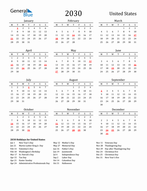 United States Holidays Calendar for 2030