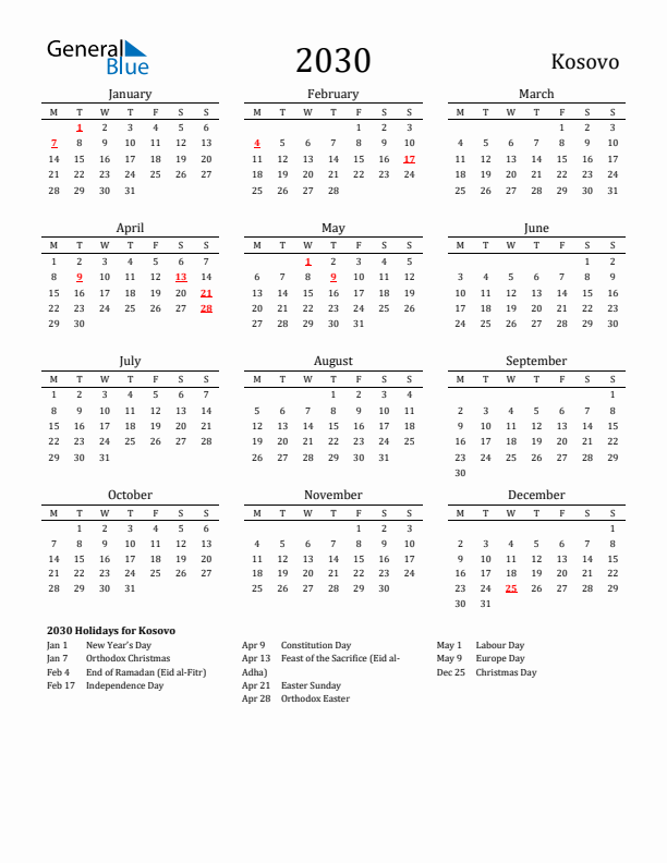 Kosovo Holidays Calendar for 2030