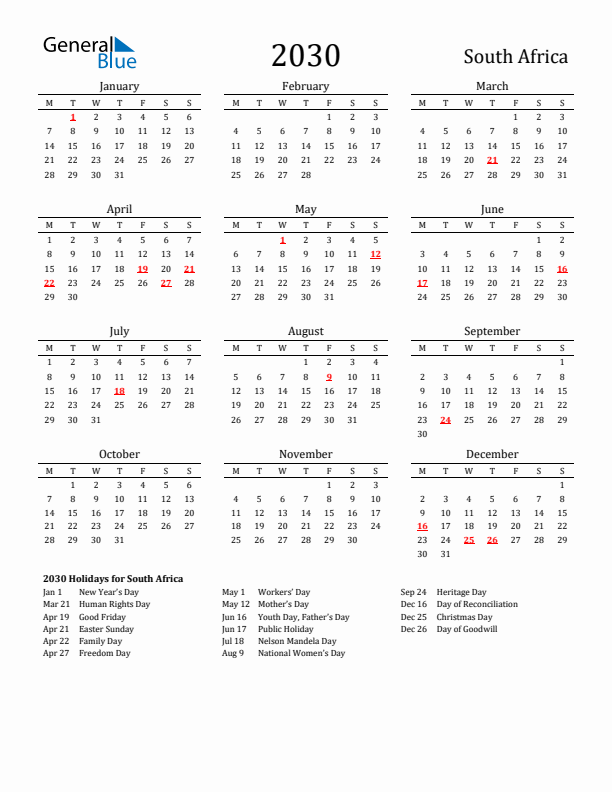 South Africa Holidays Calendar for 2030