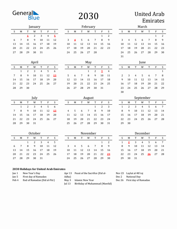 United Arab Emirates Holidays Calendar for 2030