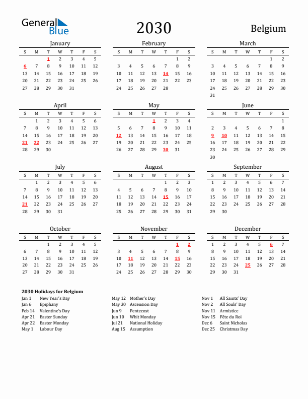 Belgium Holidays Calendar for 2030