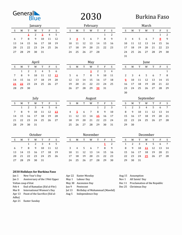 Burkina Faso Holidays Calendar for 2030