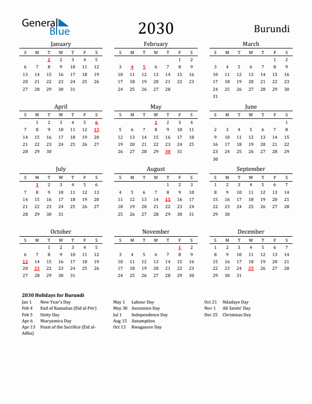 Burundi Holidays Calendar for 2030