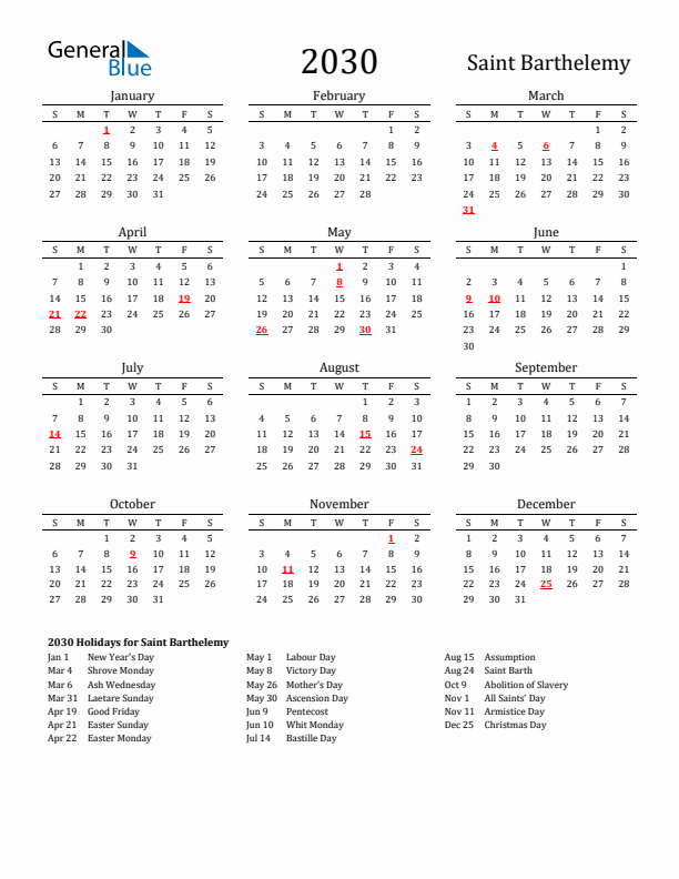 Saint Barthelemy Holidays Calendar for 2030