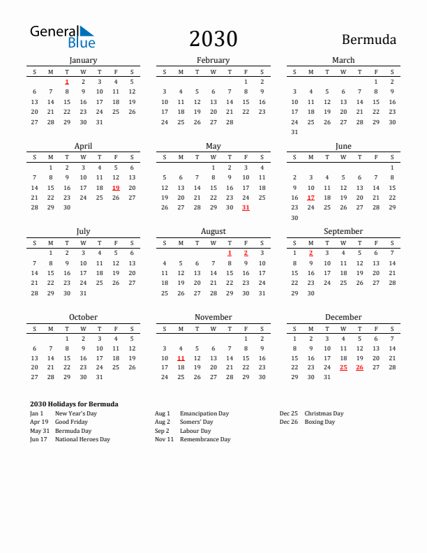 Bermuda Holidays Calendar for 2030