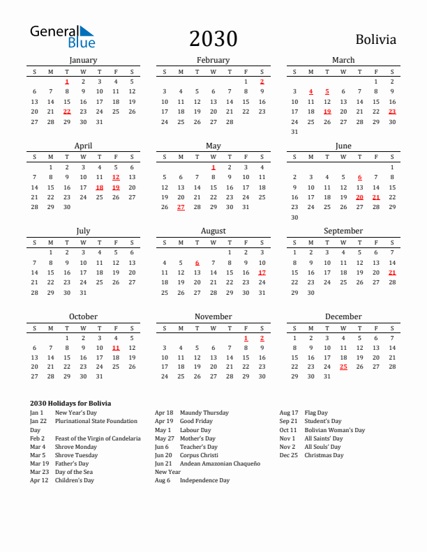 Bolivia Holidays Calendar for 2030