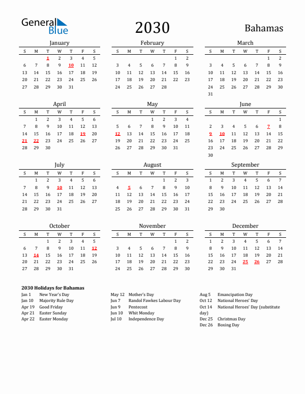 Bahamas Holidays Calendar for 2030