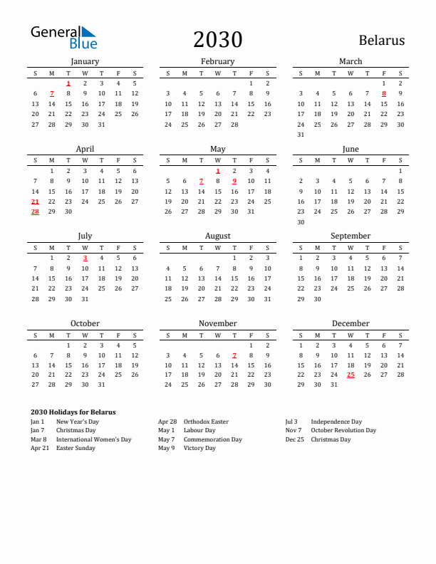 Belarus Holidays Calendar for 2030