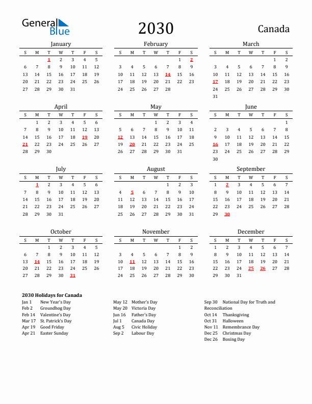 Canada Holidays Calendar for 2030