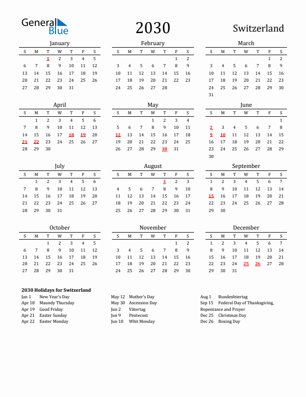 Switzerland Holidays Calendar for 2030