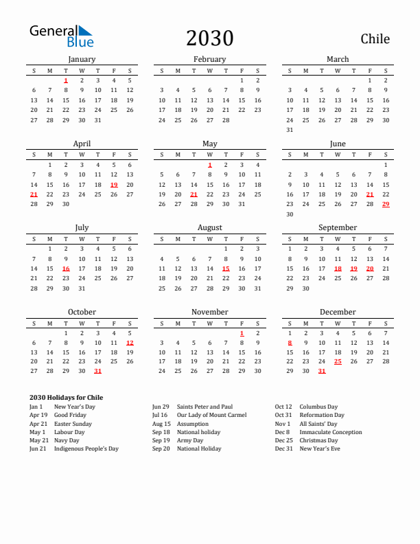 Chile Holidays Calendar for 2030