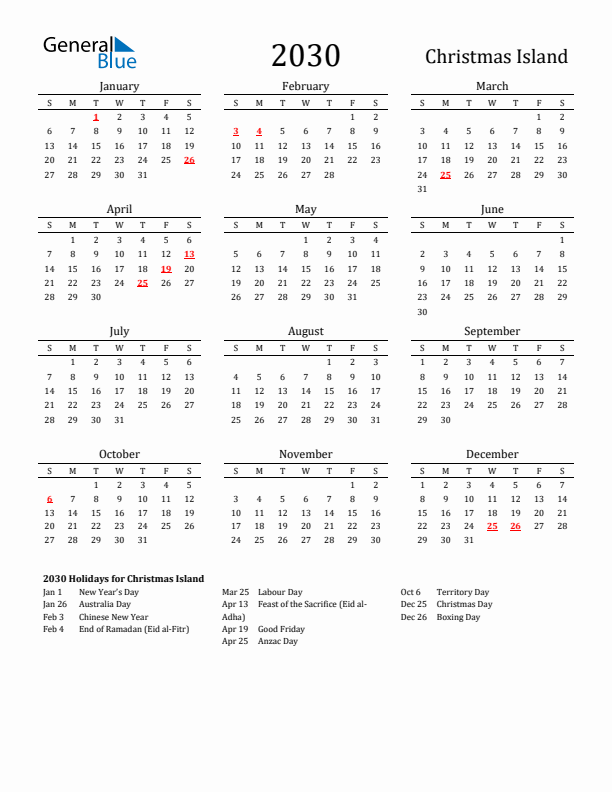 Christmas Island Holidays Calendar for 2030