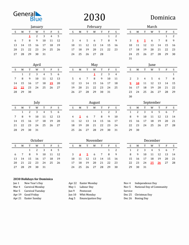 Dominica Holidays Calendar for 2030