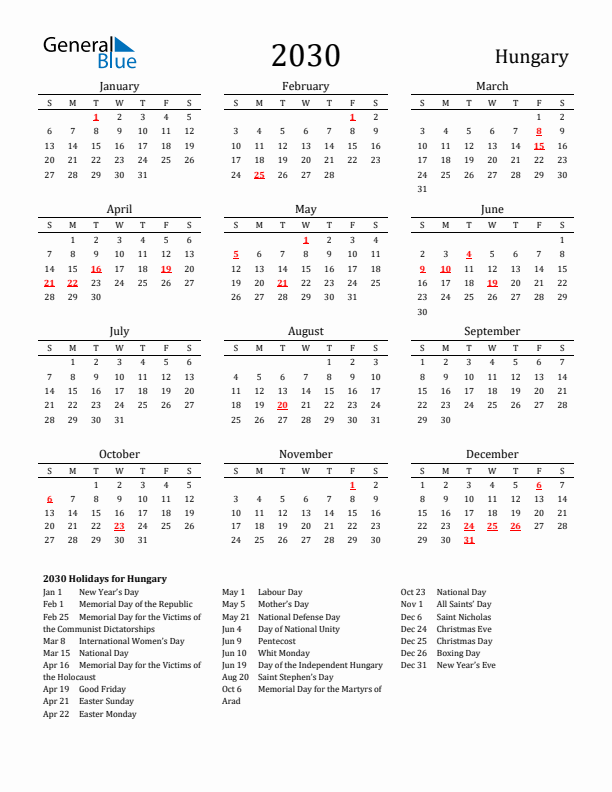 Hungary Holidays Calendar for 2030