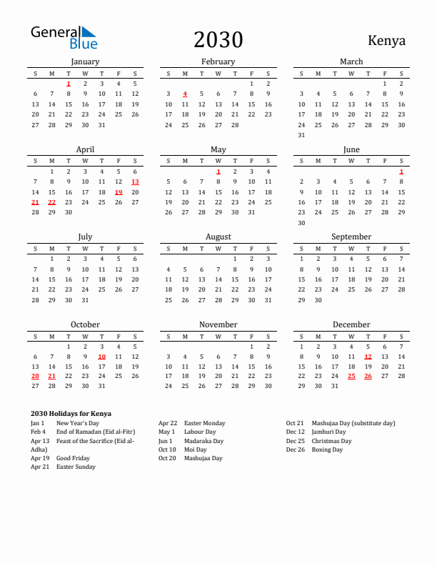 Kenya Holidays Calendar for 2030