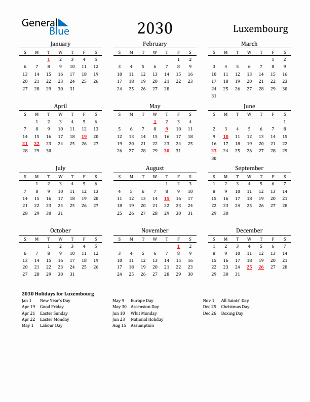 Luxembourg Holidays Calendar for 2030