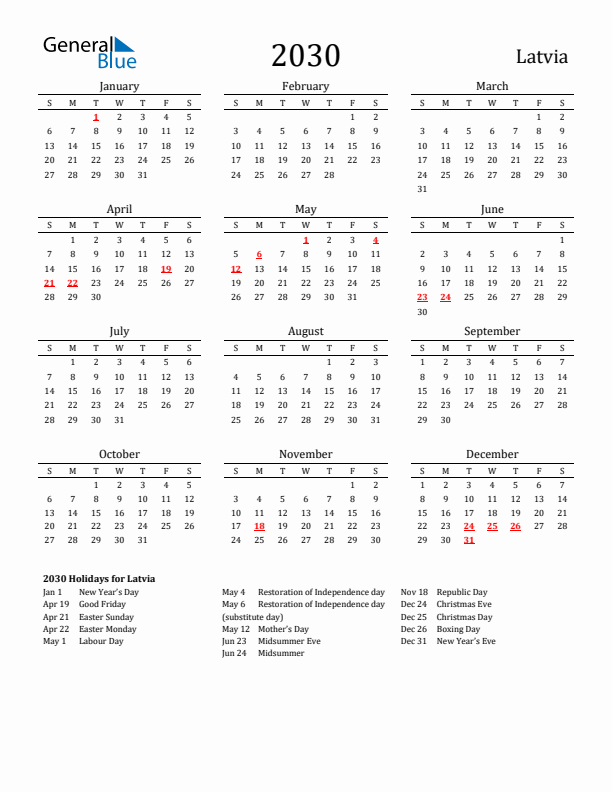 Latvia Holidays Calendar for 2030