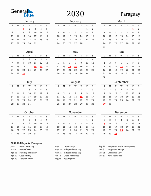 Paraguay Holidays Calendar for 2030