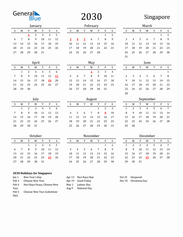 Singapore Holidays Calendar for 2030