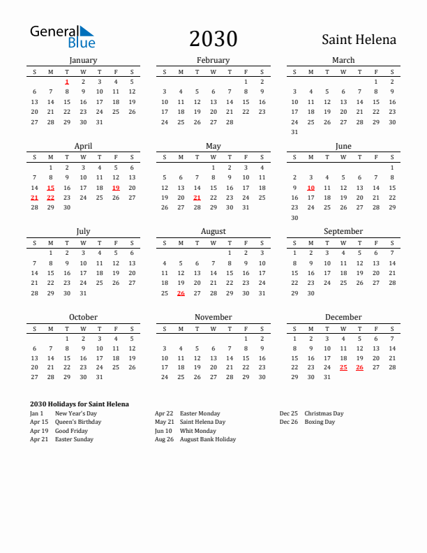 Saint Helena Holidays Calendar for 2030