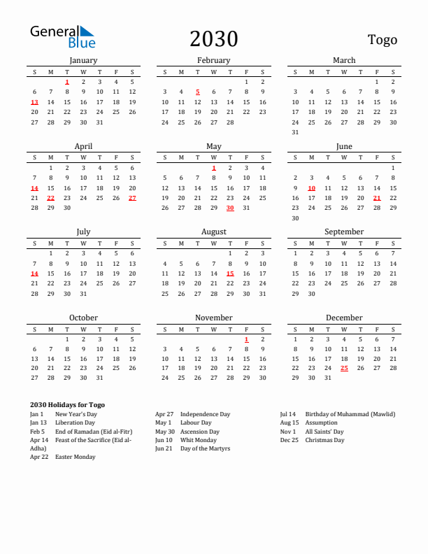 Togo Holidays Calendar for 2030