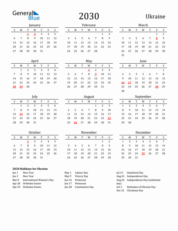 Ukraine Holidays Calendar for 2030