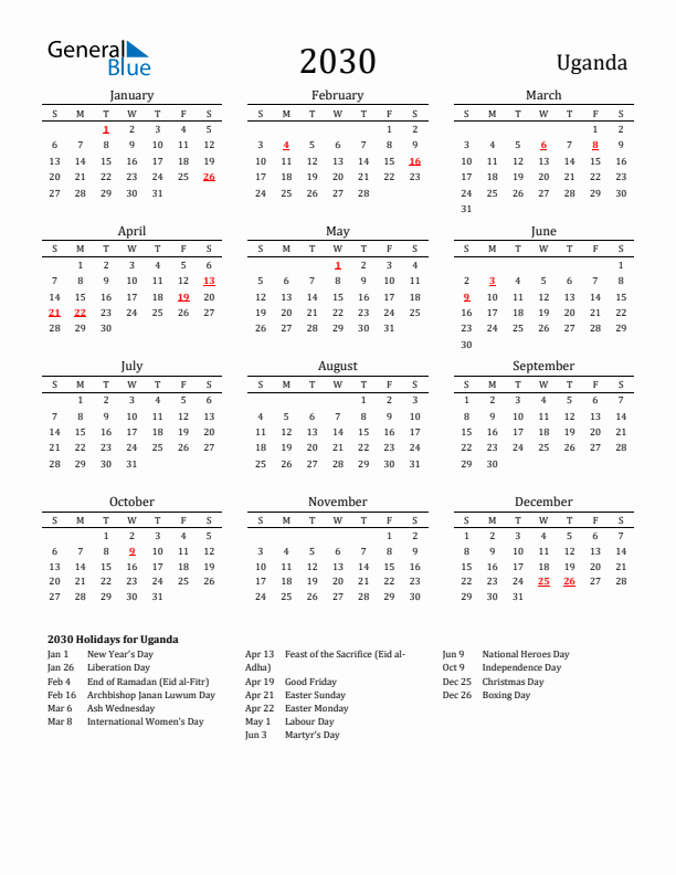 Uganda Holidays Calendar for 2030