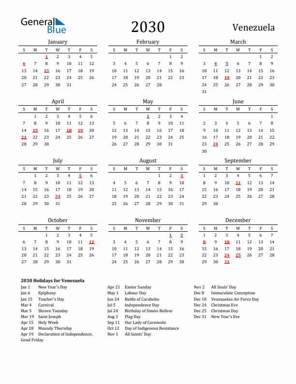 Venezuela Holidays Calendar for 2030