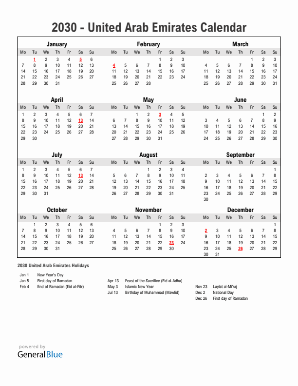 Year 2030 Simple Calendar With Holidays in United Arab Emirates