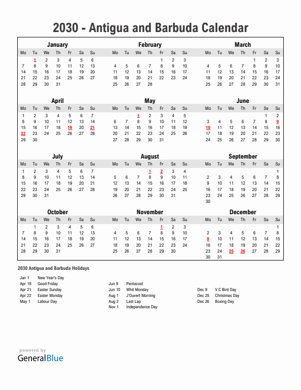 Year 2030 Simple Calendar With Holidays in Antigua and Barbuda