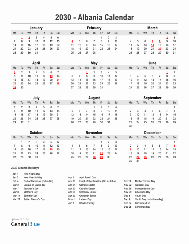 Year 2030 Simple Calendar With Holidays in Albania