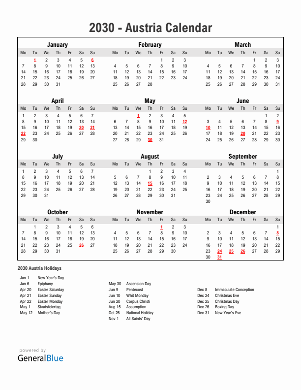 Year 2030 Simple Calendar With Holidays in Austria