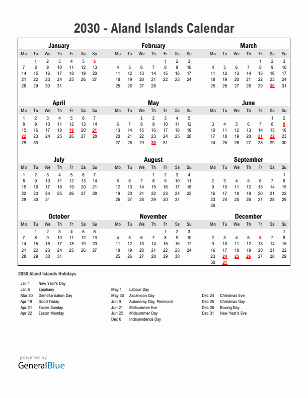 Year 2030 Simple Calendar With Holidays in Aland Islands