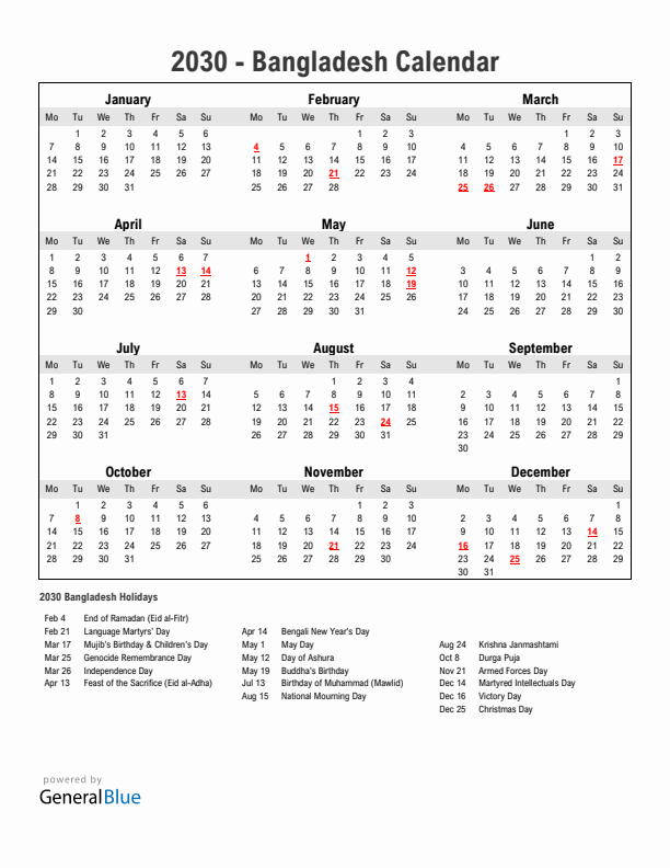 Year 2030 Simple Calendar With Holidays in Bangladesh