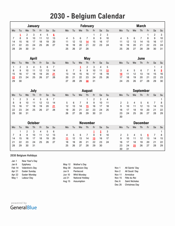 Year 2030 Simple Calendar With Holidays in Belgium