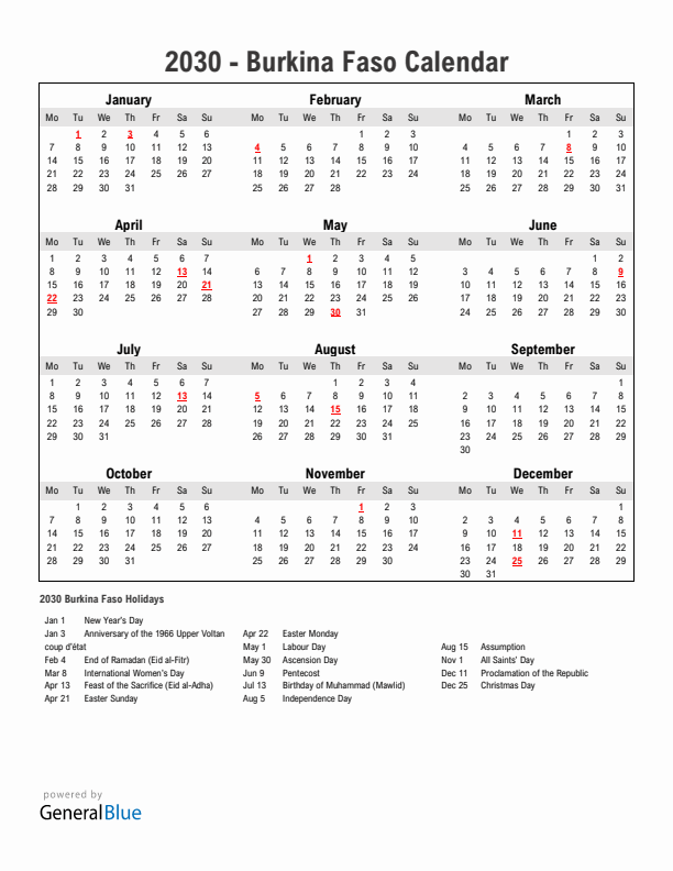 Year 2030 Simple Calendar With Holidays in Burkina Faso