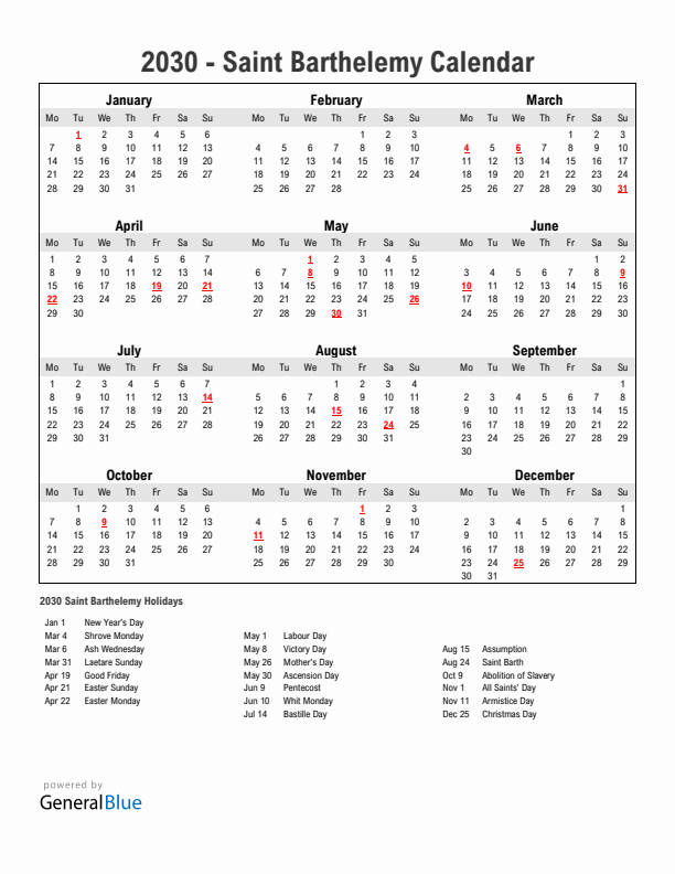 Year 2030 Simple Calendar With Holidays in Saint Barthelemy