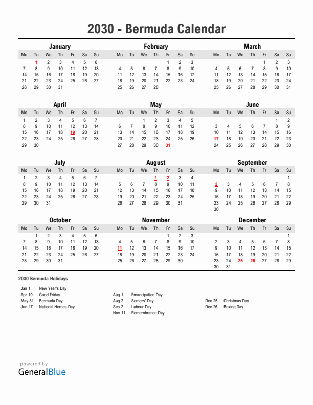 Year 2030 Simple Calendar With Holidays in Bermuda