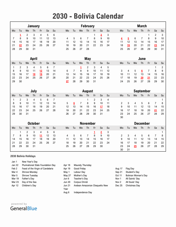 Year 2030 Simple Calendar With Holidays in Bolivia