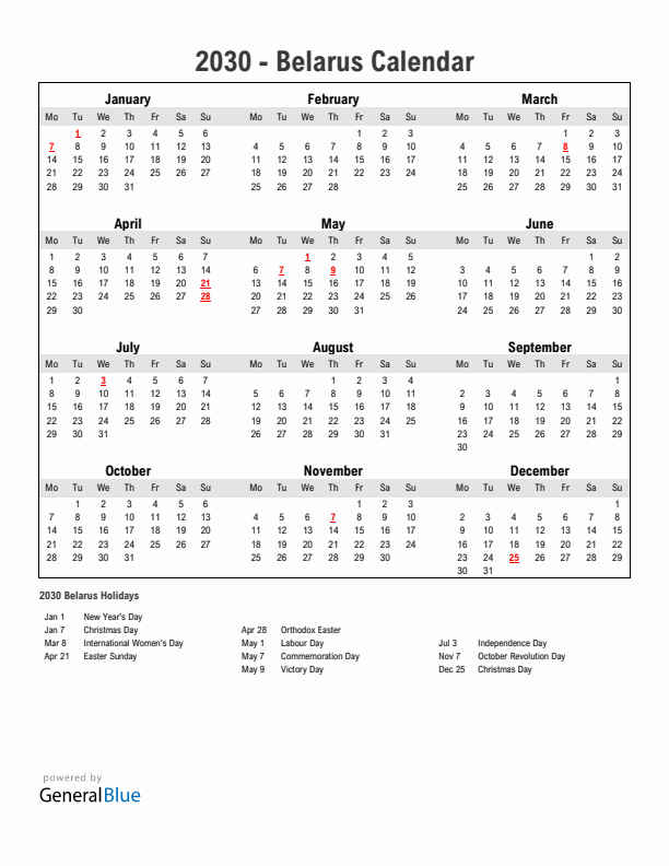 Year 2030 Simple Calendar With Holidays in Belarus