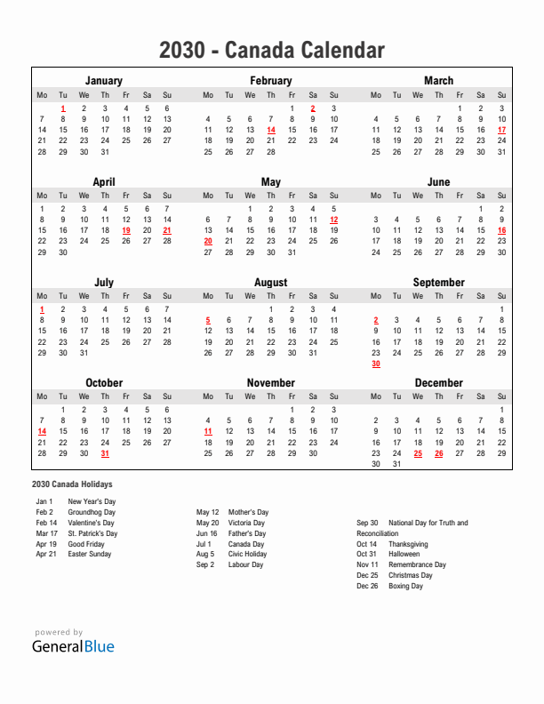 Year 2030 Simple Calendar With Holidays in Canada