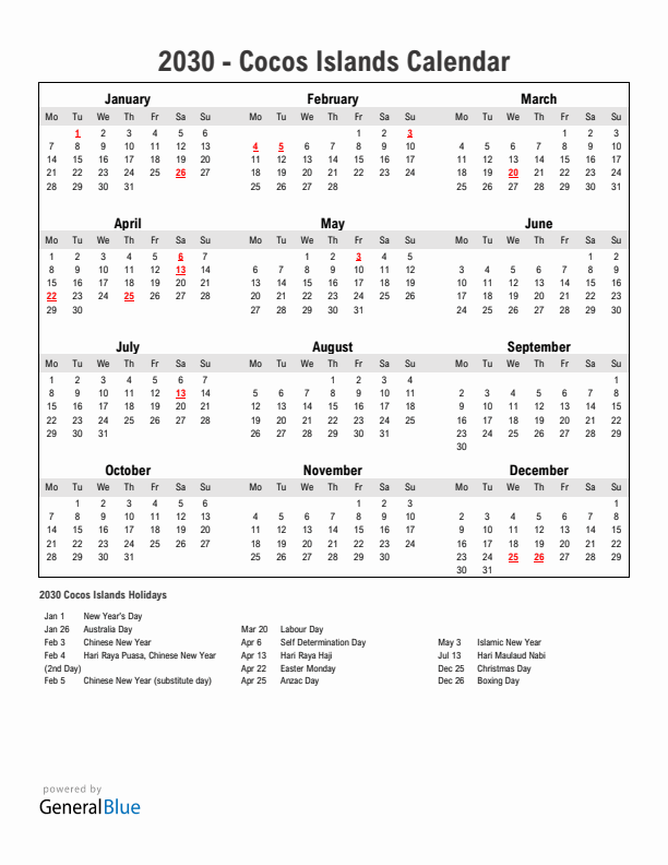 Year 2030 Simple Calendar With Holidays in Cocos Islands