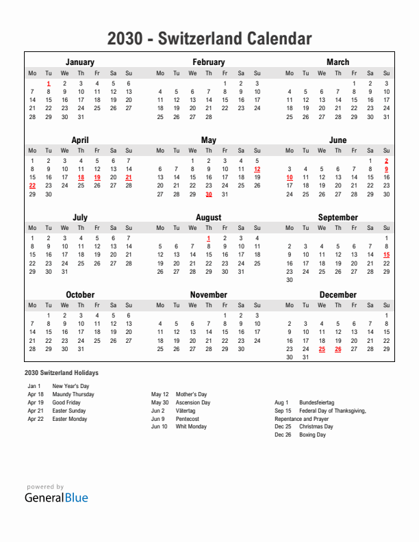 Year 2030 Simple Calendar With Holidays in Switzerland