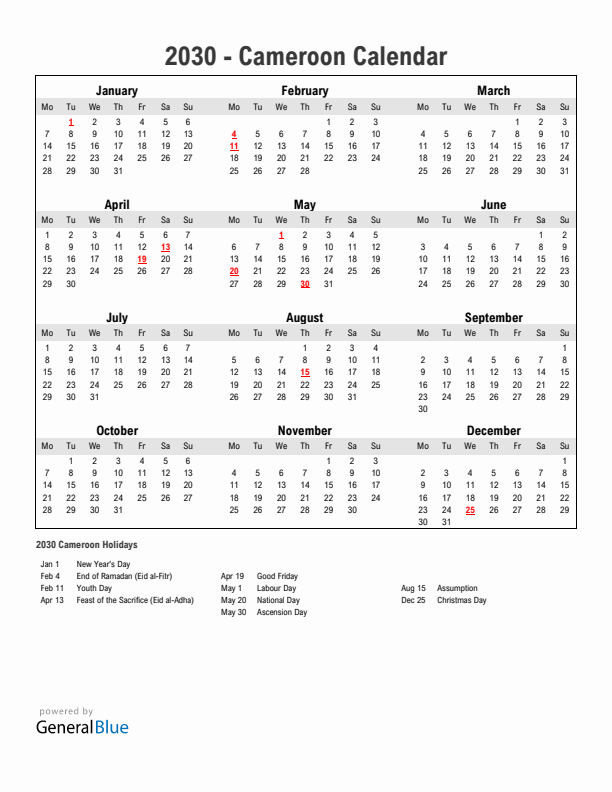 Year 2030 Simple Calendar With Holidays in Cameroon